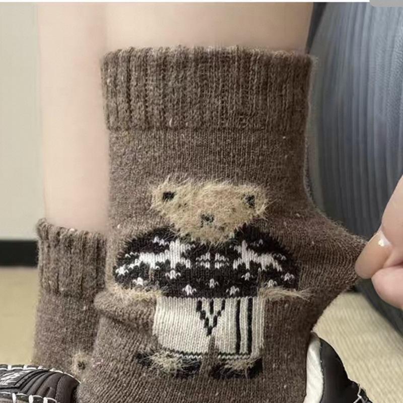 Wool Socks Thickened Socks Cute Flocked Bear Medium Tube Socks Winter Warm Stockings