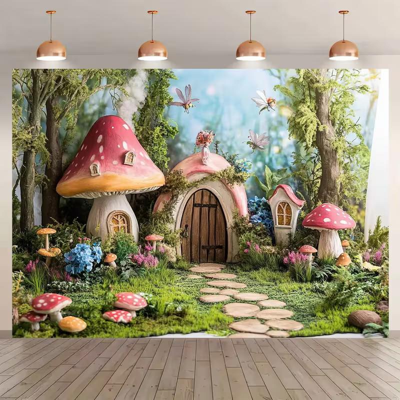 2D Verzauberter Wald Wandteppich, Magisches Pilzhaus Wandbehang für Ästhetische Raumdekoration
