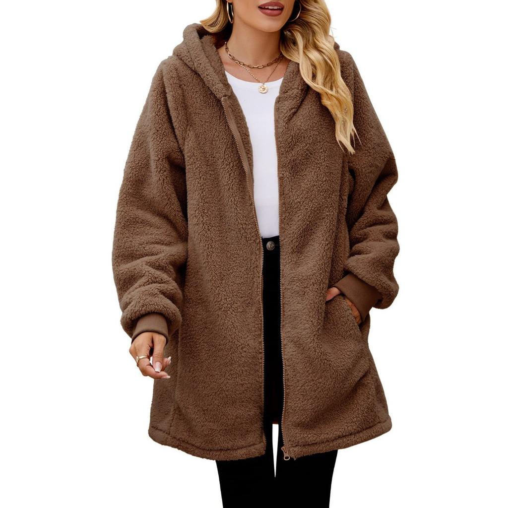 Winter New Loose Fuzzy Plush Women's Long Sleeve Hooded Zip Up Cardigan Coat for Europe America