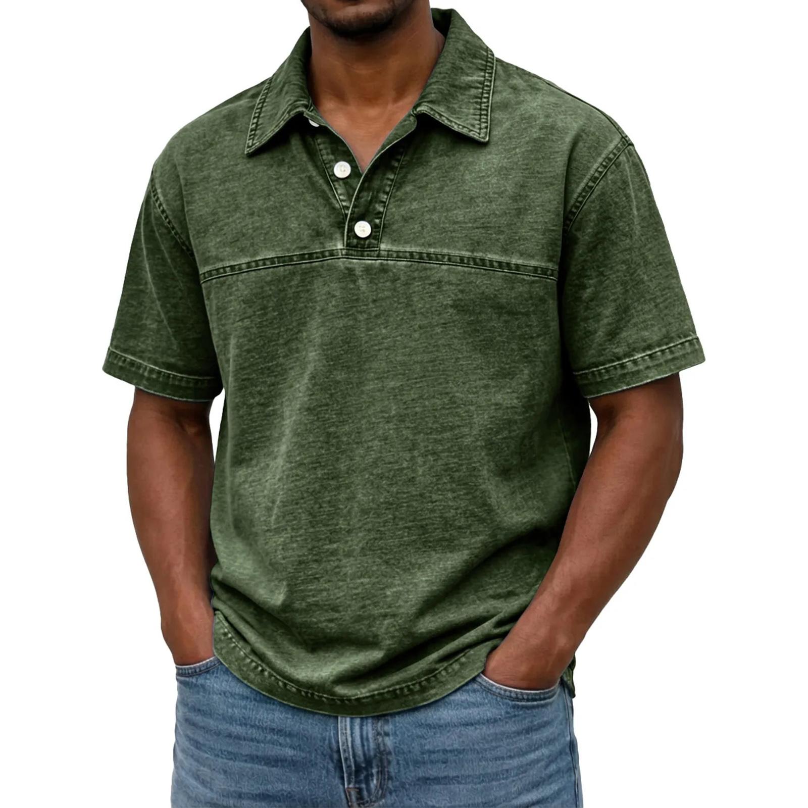 Men s Button-down Short-sleeved Fitted Distressed Washed -neck Casual Shirt L