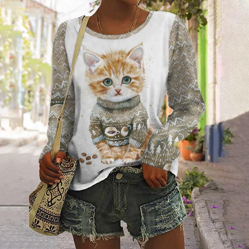 Fashion Teacup Cat Women's Long Sleeve Spring And Autumn Round Neck Clothing Casual Oversize T-Shirts Animals Cat Printed Tops