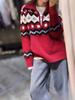 Women's Retro Fair Isle Wool Pullover - High Neck, Half Zip, Red, Thick for Autumn/Winter