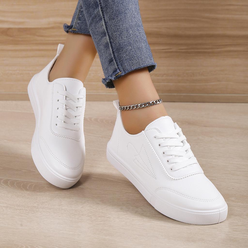 Women Leather Pu Casual Shoes Woman Shoes New Fashion Platform White Shoes Sneakers Breathable Lace-Up Women Sneakers 8789