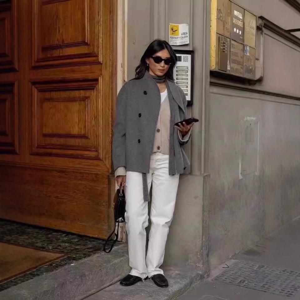 2025 Women's Double-Breasted Solid Wool Coat - Casual British Style