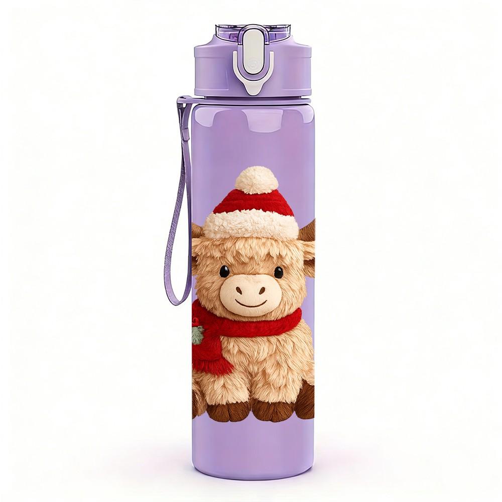 1PC Santa Hat Highland Cow 750ml Color Plastic Sports Water Bottle Leakproof Flip Straw Lid Suitable for Sports Office Home Use