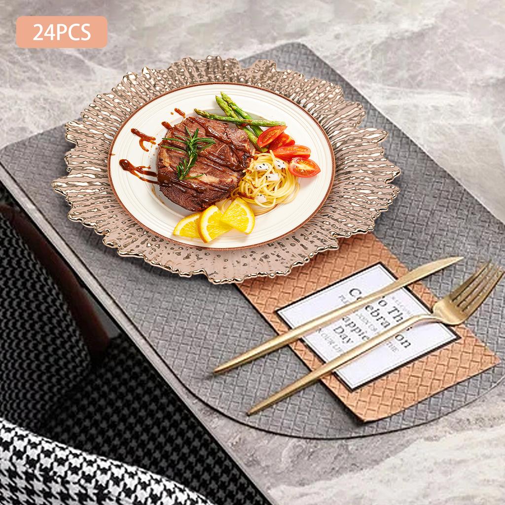 24pcs 12.6 Inch Round Plastic Charger Plates, Elegant Wedding & Party Decor, Rose Gold Snowflake Design, Dish Decor Placemats