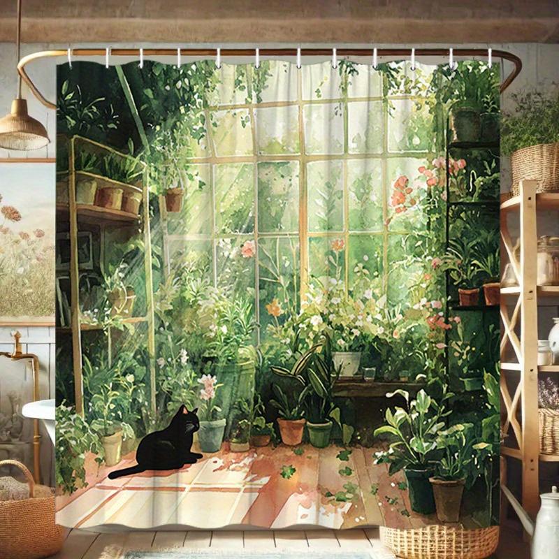 Polyester Shower Curtain - Black Cat & Greenery, Sunlit Greenhouse Scene, 12 Hooks, Machine Washable, Stylish Bathroom Decor