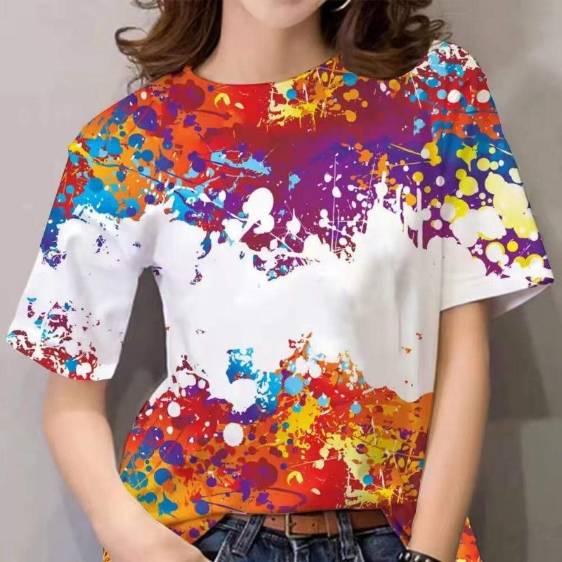 New Arrival Street Style Rainbow 3D Digital Print Short Sleeve T-Shirt Women's Fashionable round Neck Top plus Size INS