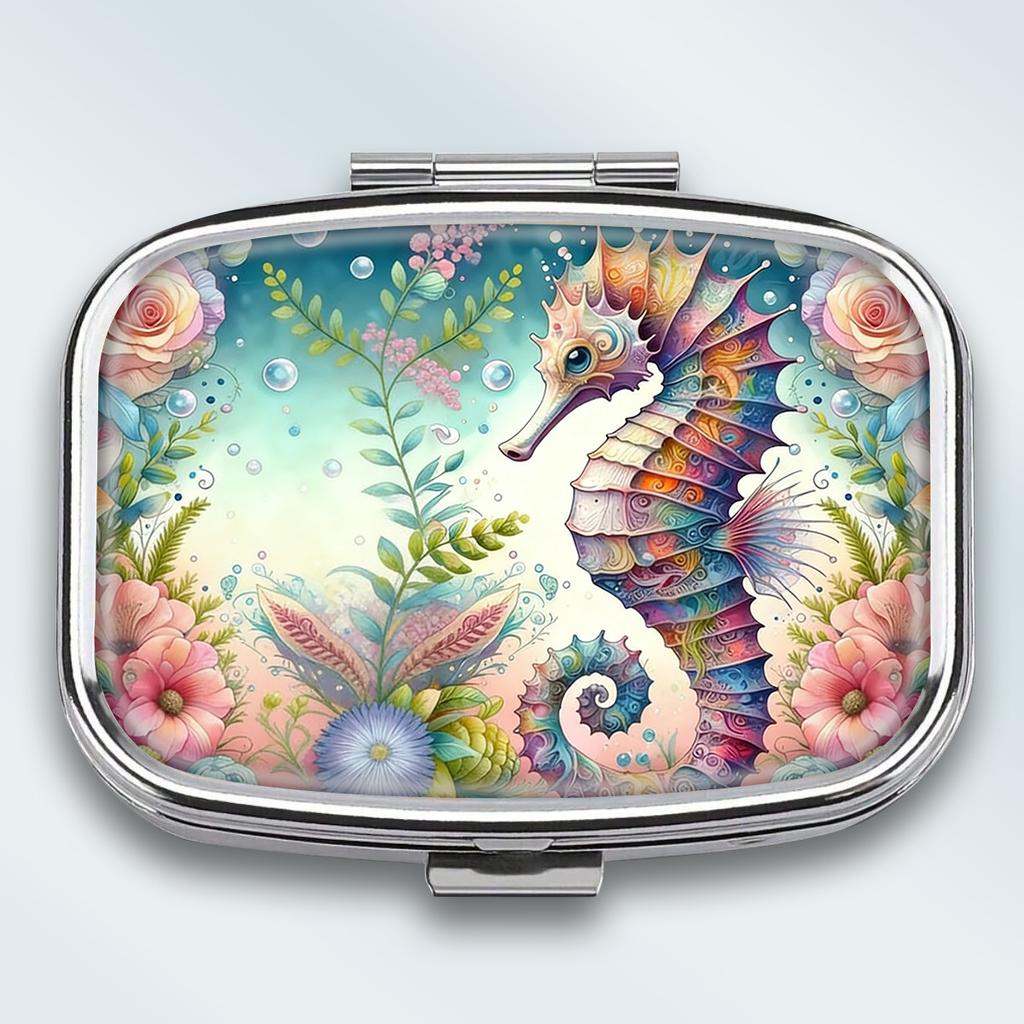 Portapillole Portatile con 2 Scomparti, Mini Custodia Organizer in Metallo per Medicine, Carino Contenitore Stampato per Pillole, Vitamine, Gioielli, Viaggio, Uso Quotidiano