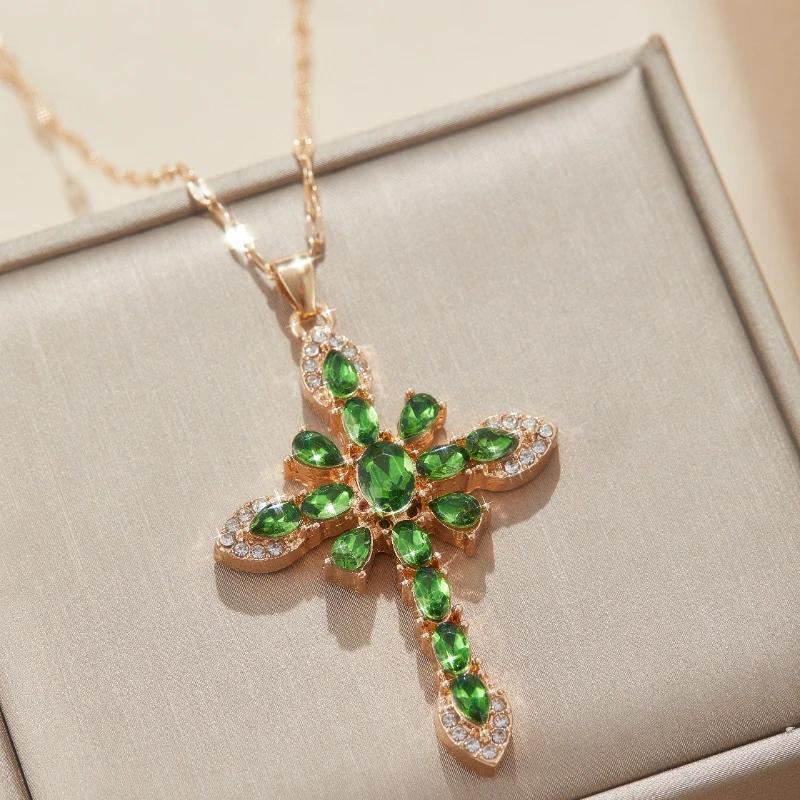 Religious Colorful Zircon Cross Necklace Jesus Prayer Gold Plated Copper Pendant Stainless Steel Chain Necklaces Jewelry Gift