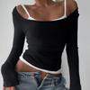 Summer Fashion Contrast T-shirt 2 Piece-Set Women's Off-Shoulder Long Sleeve Patchwork Cropped Top Female Commute Tee Top