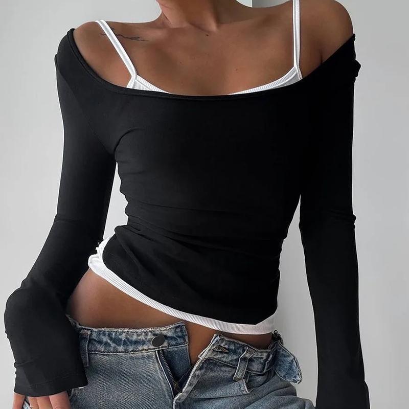 Summer Fashion Contrast T-shirt 2 Piece-Set Women's Off-Shoulder Long Sleeve Patchwork Cropped Top Female Commute Tee Top