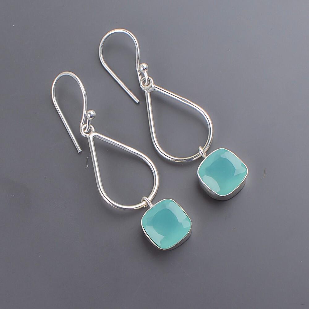 Aqua Chalcedon Edelstein 925 Sterlingsilber Handgefertigter Schmuck Ohrringe 1,90" EE-7-15