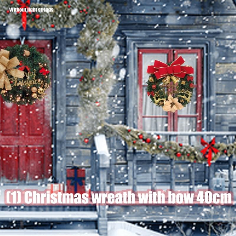 40cm Christmas Wreath with Big Bowknot Holiday Wreath Hanging Decoration for Door Mantels Wall Festival Celebration