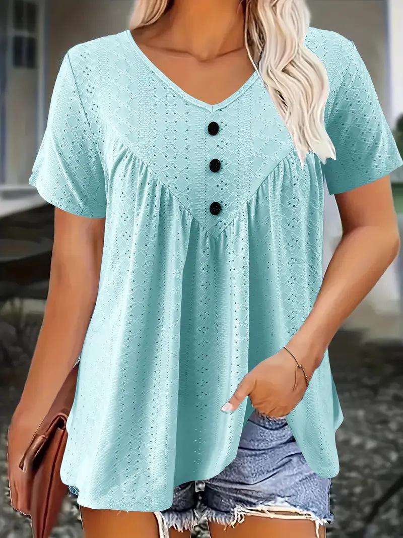 Women Short Sleeve V Neck Casual T Shirt With Button Detail S синий