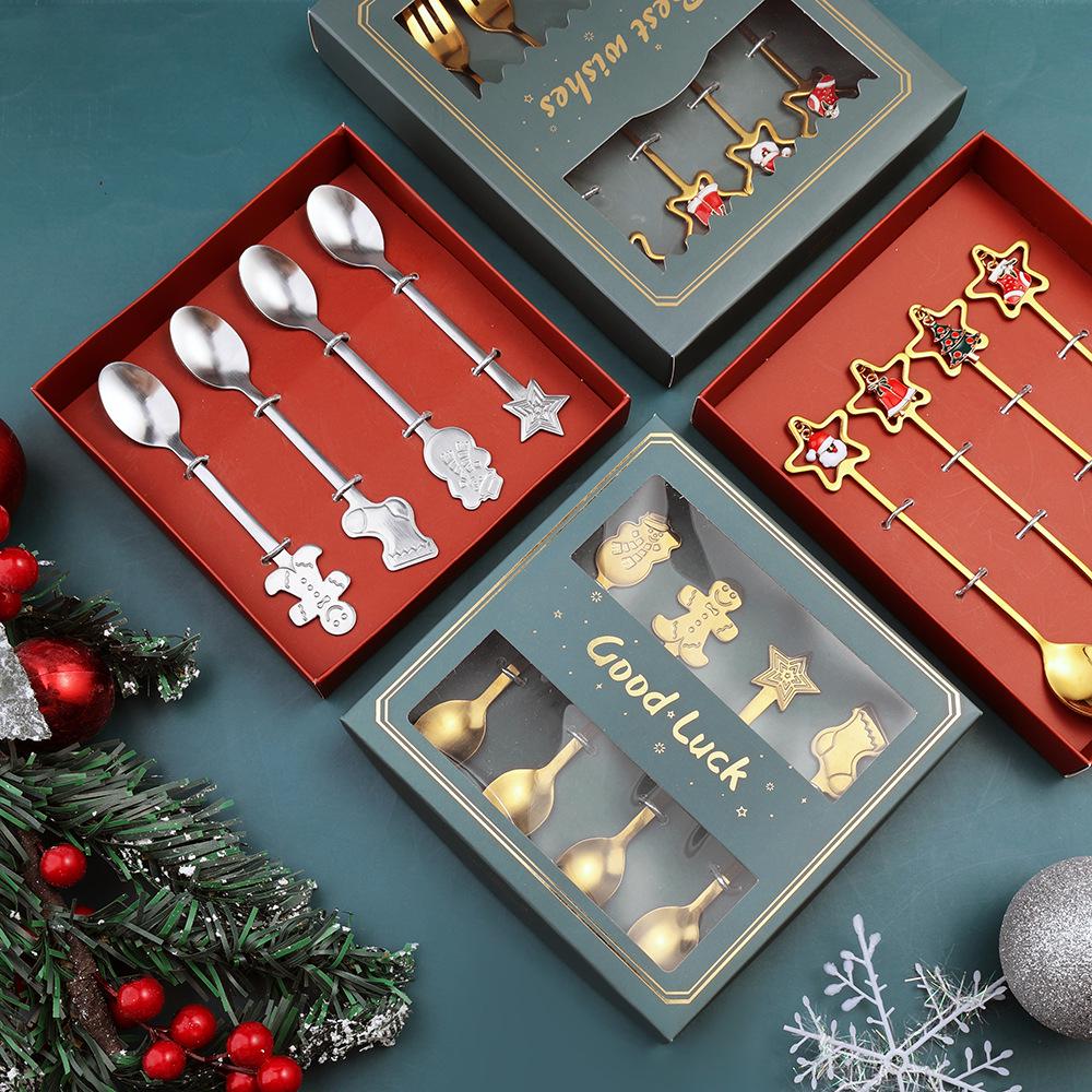 Christmas Gold Cartoon Coffee & Dessert Spoon Fork Set – Stainless Steel Pendant Gift Box