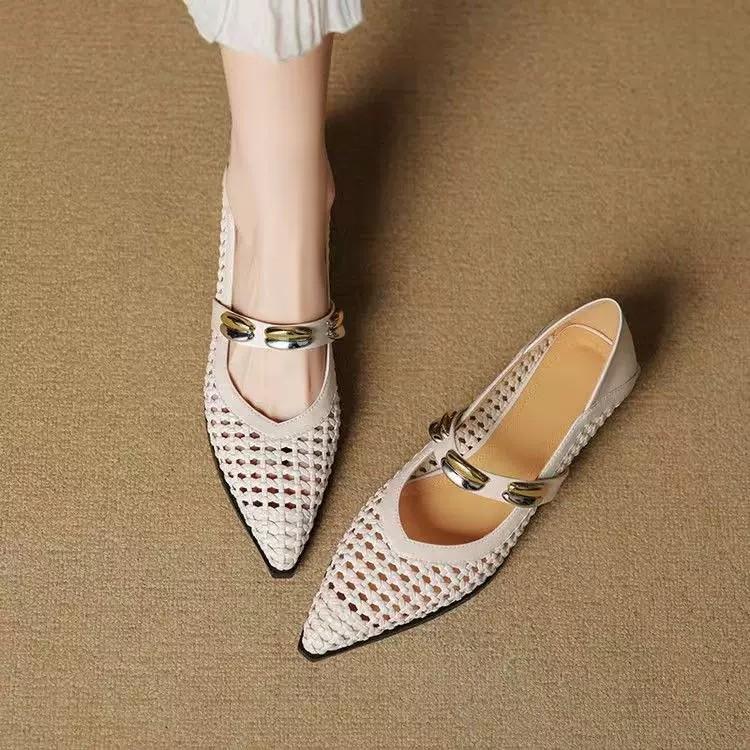 Fashion 2025 Summer French Low Heel Hollow Shallow Mouth Leather Square Head Women's Single Shoes