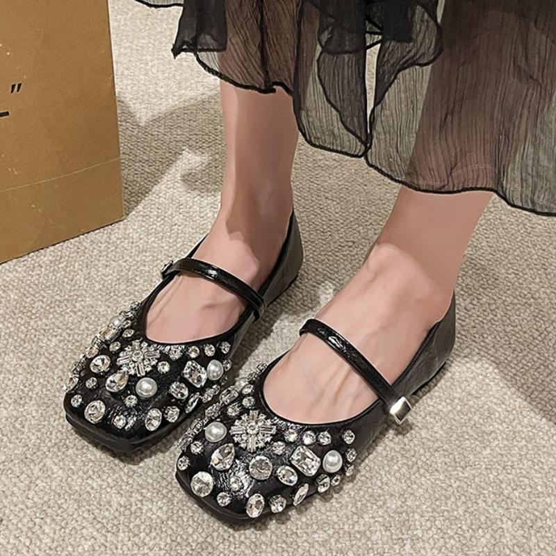 Women's Summer Fashion Luxury Diamond Mary Jane Sandals Women's Square Toe Designer Flat Shoes Diamond Shining Women's Sandals
