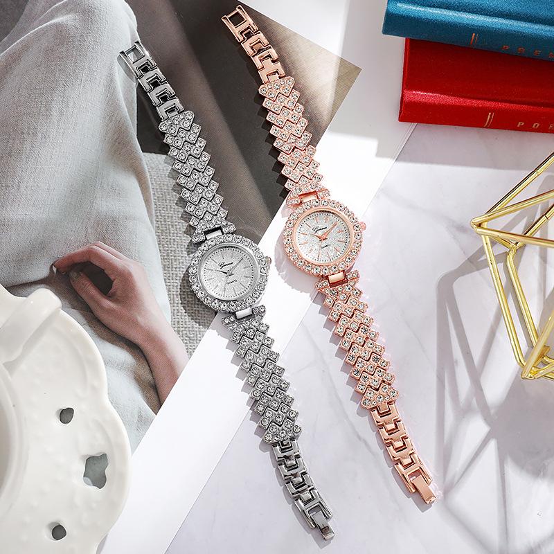 1 buc. Ceasuri de damă la modă cu diamante complete, brățară de damă, ceas analogic cu cuarț