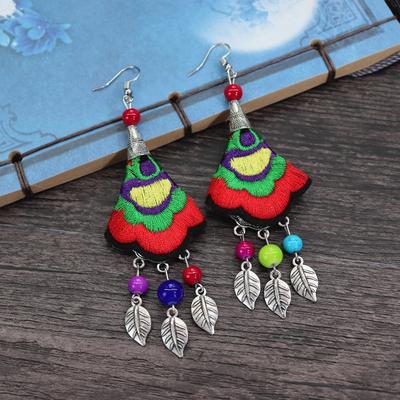 Retro Hand-embroidered Fabric Earrings Female Long Flower Fringed Versatile Temperament Performance Earrings Earrings