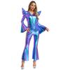 S-3XL Women‘s Disco Jumpsuit Halloween Costume: Shiny Metallic Long Sleeve High Waist Romper with Bell Bottoms & Front Zip