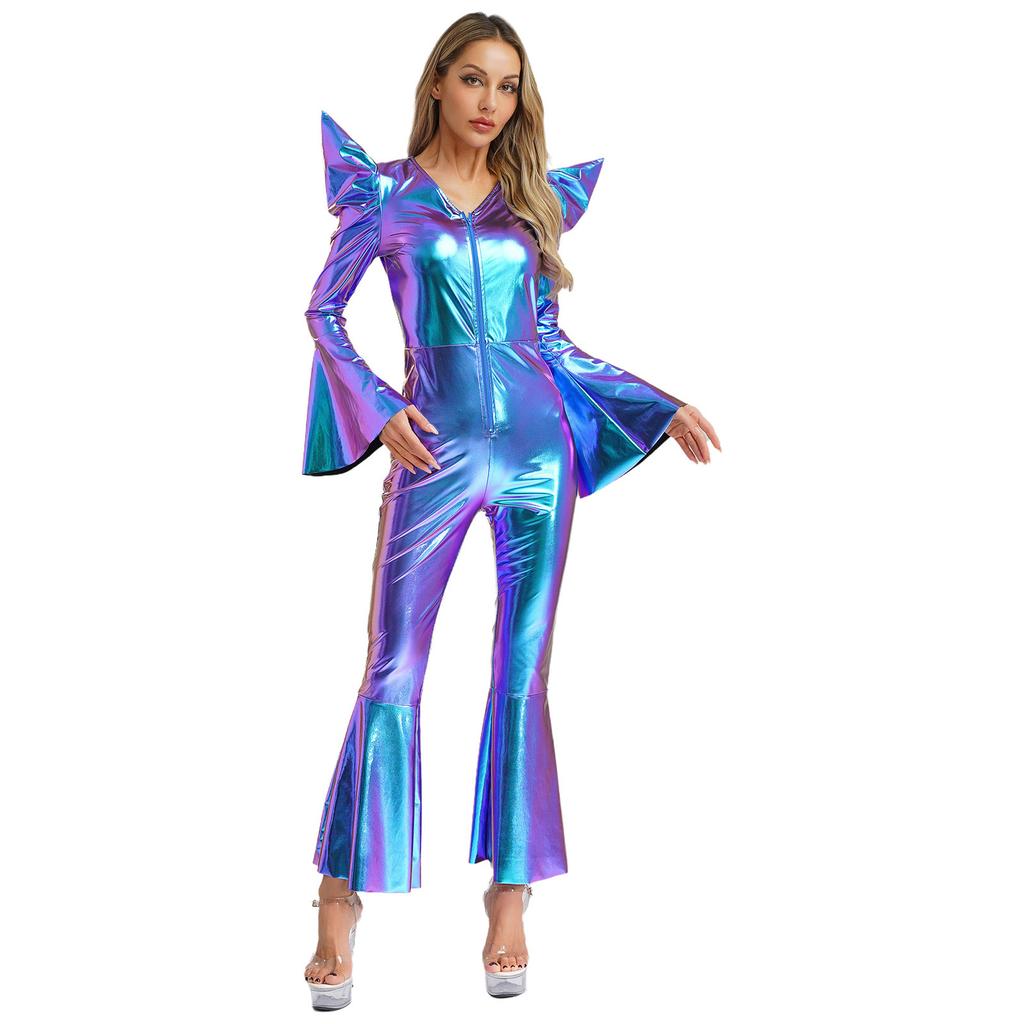 S-3XL Women‘s Disco Jumpsuit Halloween Costume: Shiny Metallic Long Sleeve High Waist Romper with Bell Bottoms & Front Zip