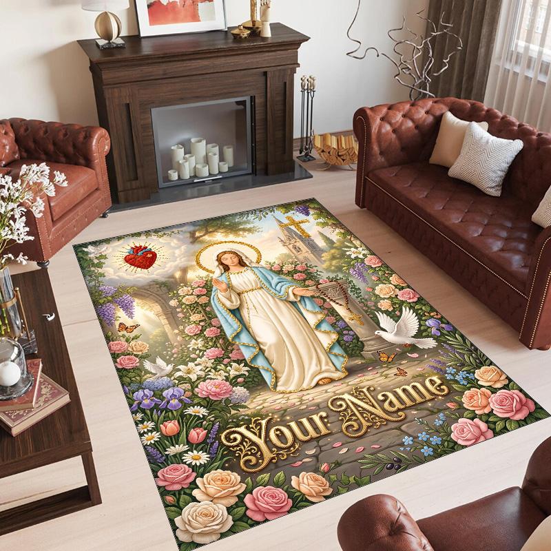 Virgin Mary Theme Crystal Velvet Rug Personalized Custom Name Text Soft Floor Mat Home Decor