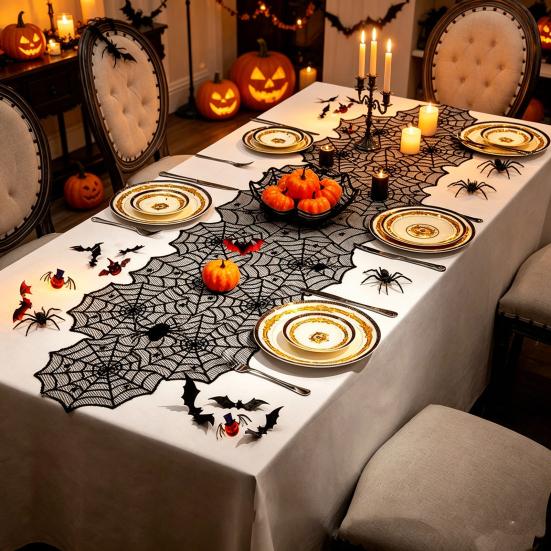 Halloween Table Runner, 18 X 72 Inch Gothic Black Lace Spider Web Table Runner for Kitchen Dinner Table Centerpiece, Halloween Party Decoration