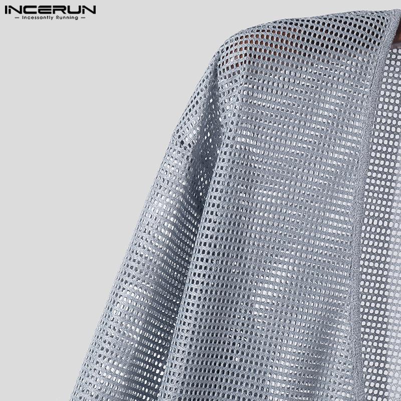 INCERUN Pánské topy s hlubokým výstřihem do V a průhledné, ležérní trička s dlouhým rukávem z rybí sítě