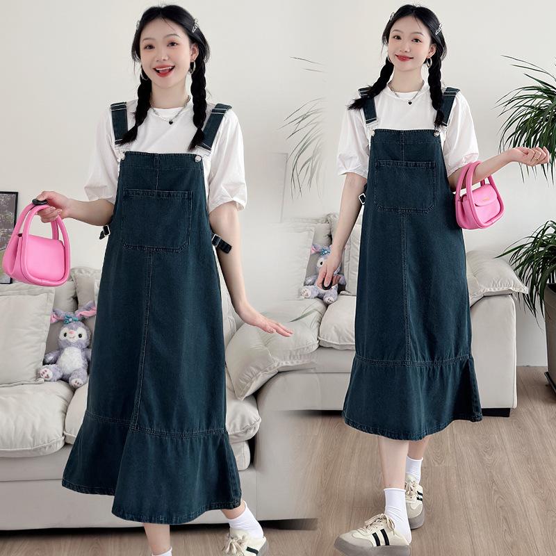 2026 Summer Chic Mermaid Denim Maternity Overall Dress with Patchwork T-Shirt 2XL