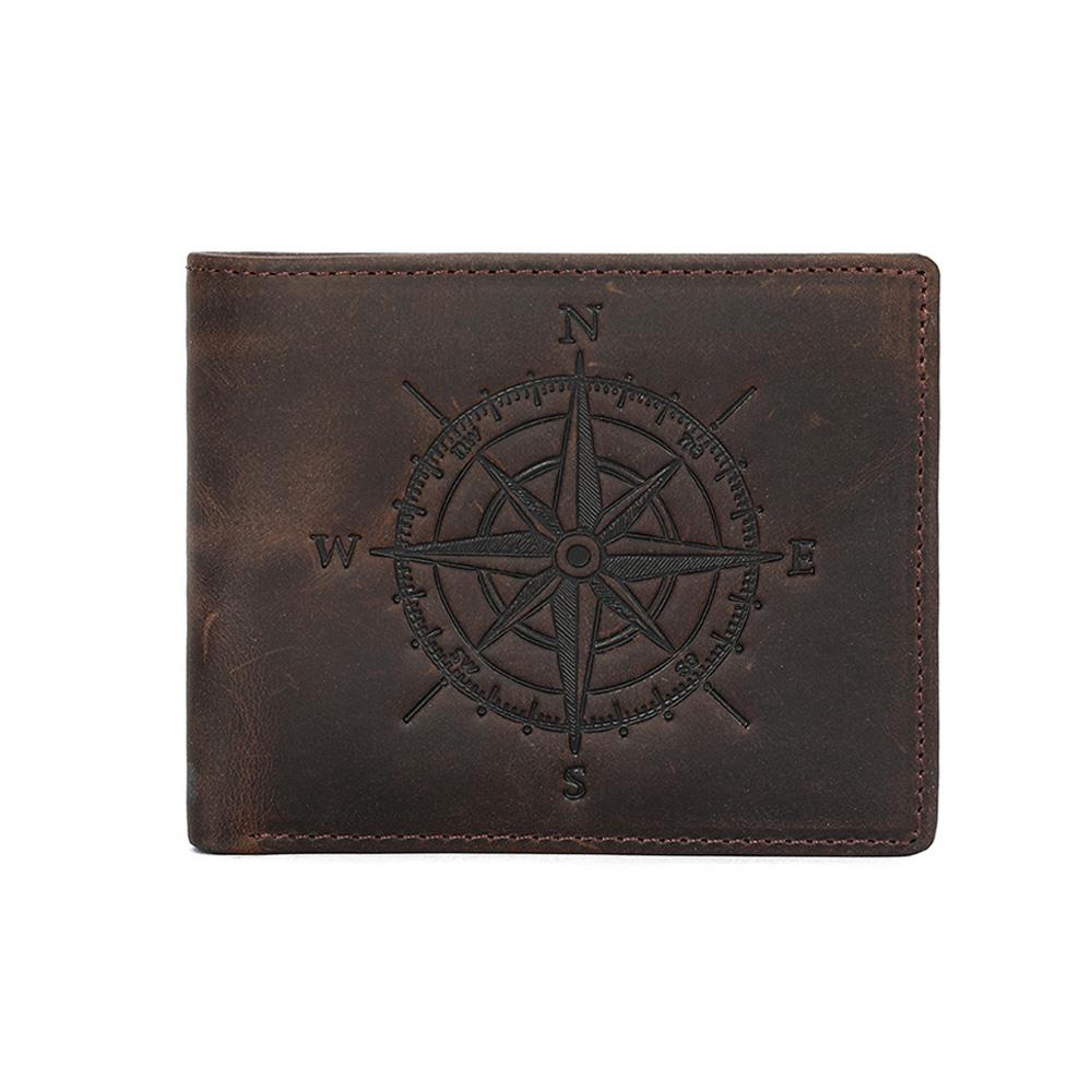 Vintage Genuine Crazy Horse Leather Men's Wallet Embossed Compass Design RFID Blocking Bifold Wallet Retro Simple Credit Card Holder Billfold