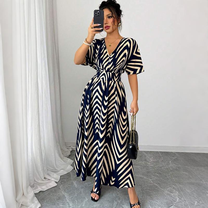 Women Casual Short Sleeve V Neck Bohemian Holiday Style Striped Printed Big Hem One Piece Dress