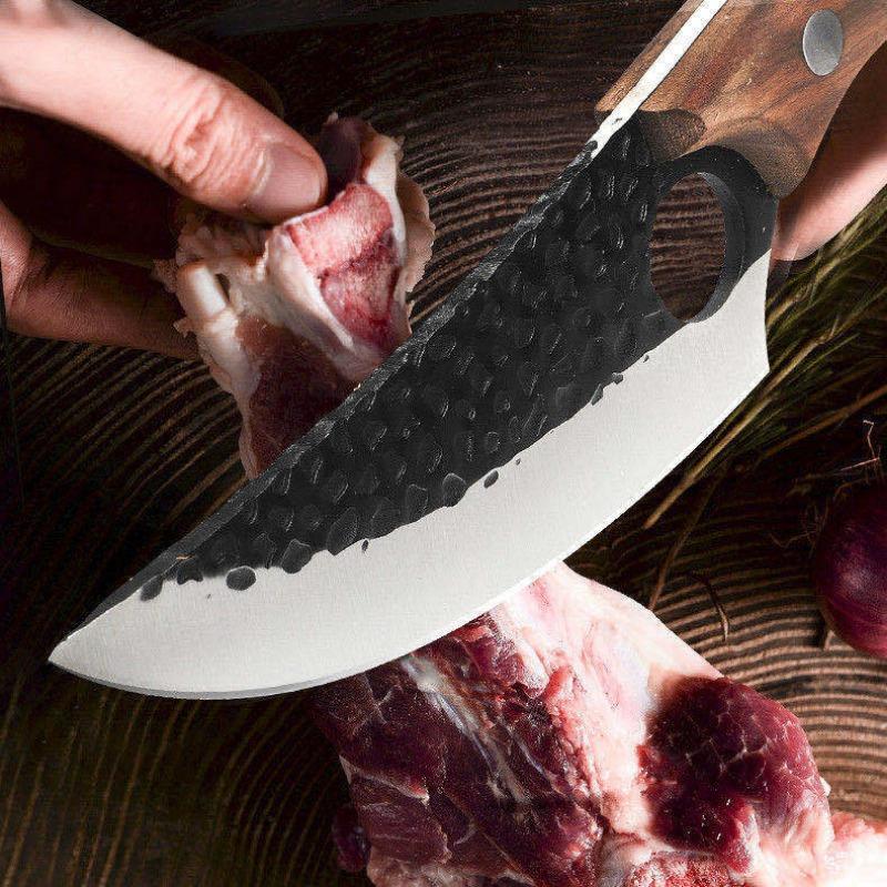 Wooden Handle with Hole Boning Knife Hammer Pattern Forging Slaughter Cutting Meat Skinning Knife Killing Fish with Leather Case
