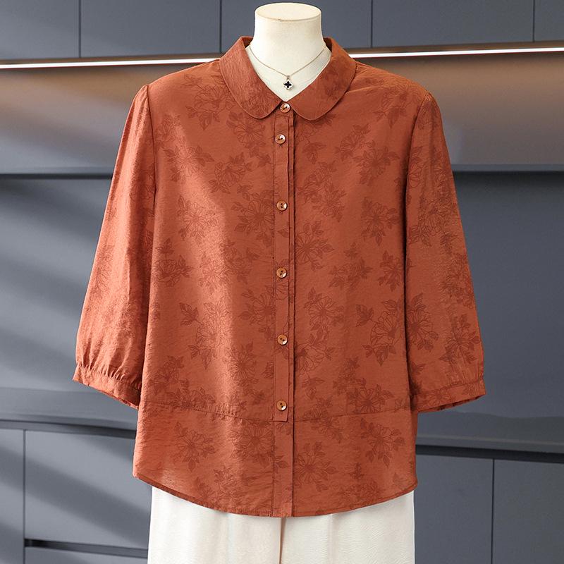 

Women s Summer Lightweight Loose Lapel Button-Up Cardigan - Mid-Aged Stylish Slimming Seven-Sleeve Top L (Recommend 80-100 Jin)