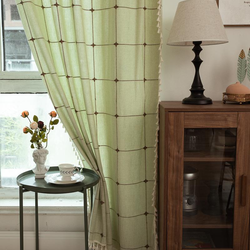 Grey Curtain Finished Product Embroidery Cotton And Linen Solid Color Plaid Coffee Insulation Living Room Kitchen Set Rod Partition Curtain