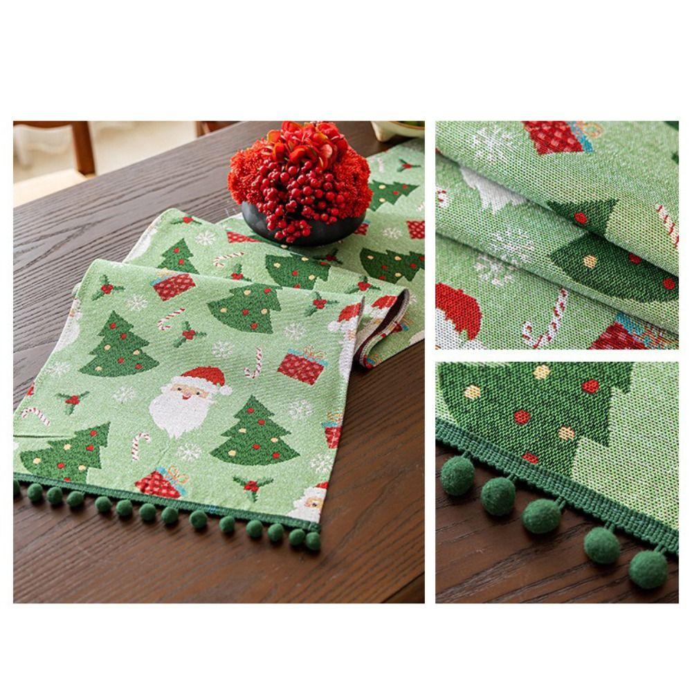 Polyester Christmas Table Runner Cartoon Pattern Snowflake Pattern Long Tablecloth Multi-Color Tassel Santa Claus Pattern