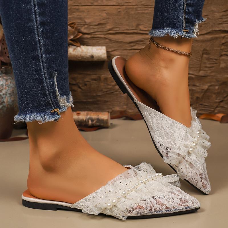 Fashion Lace Mesh Wrapped Slippers Autumn New Pointed Toe Shallow Mouth Beaded Non-slip Wear-resistant Semi-drag