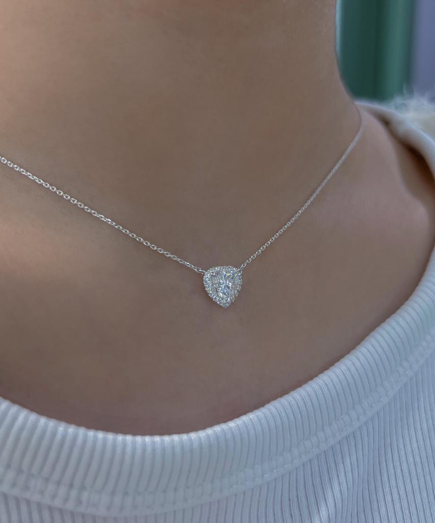 Helene Jewelry 925 Silver 1-Carat Heart-Cut Moissanite Halo Necklace
