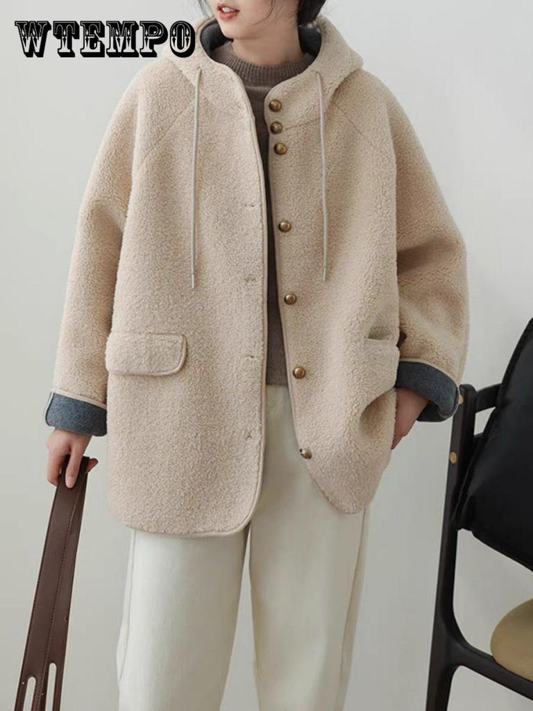 Jehněčí plyšový kabát dámský zimní s kapucí, volný a plyšový tlustý teplý granulovaný top