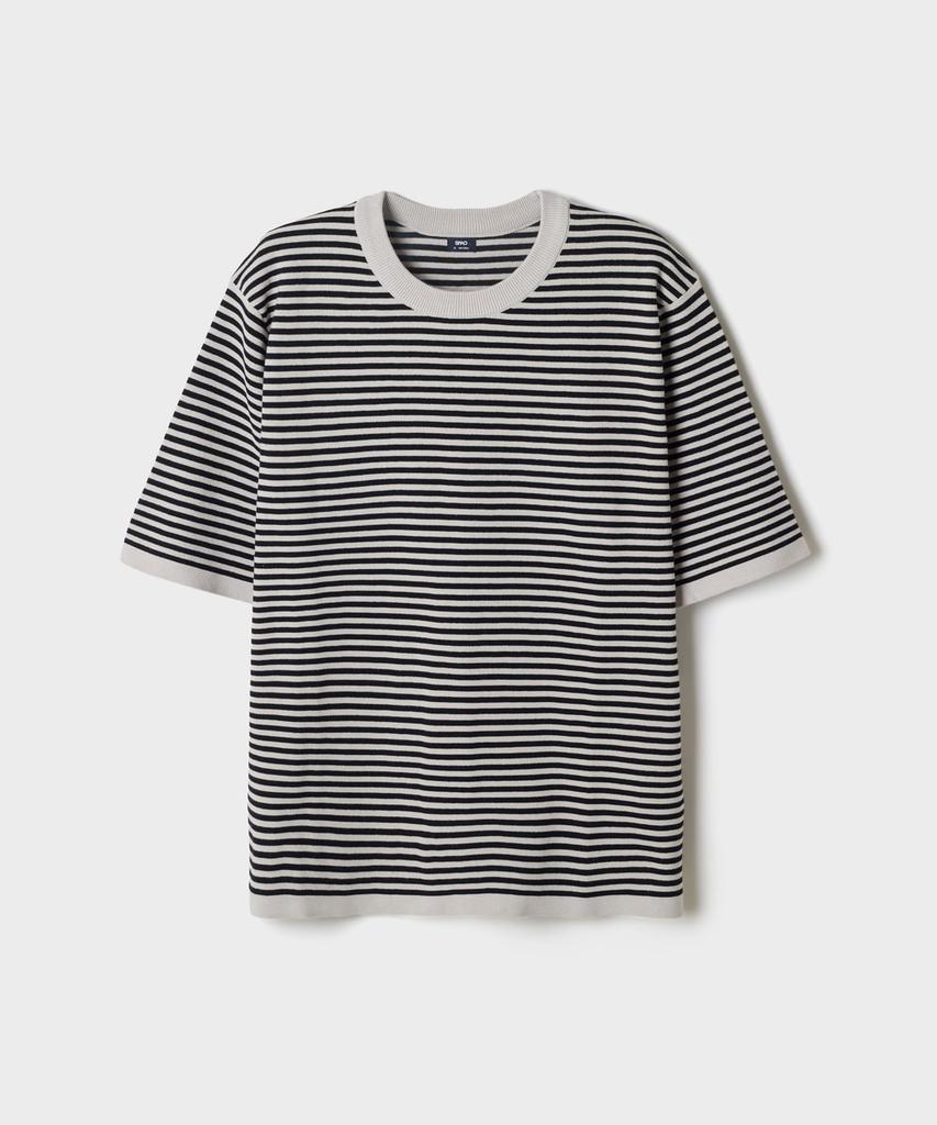 Seupao [Cotton Blend] Round Neck Striped Short Sleeve Knit_Spkwg37M04