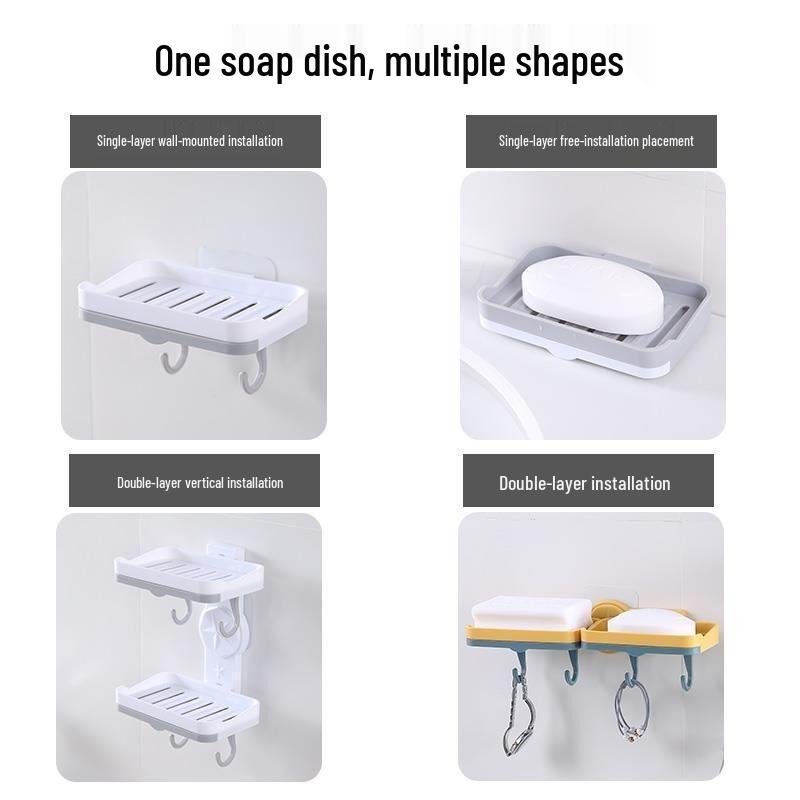 Punch-Free Wall-Mounted Soap Dish Rack with Hooks and Draining Shelf