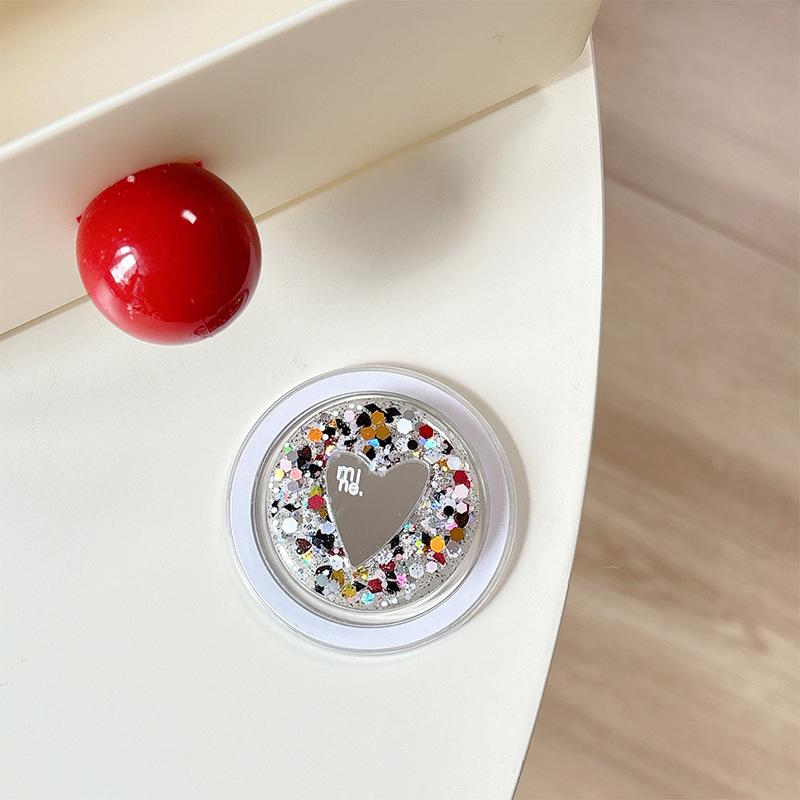 Round Sequin Love Mirror Mobile Phone Holder Airbag Retractable Magnetic Desktop Stand To Watch Dramas And Fold To Carry With You