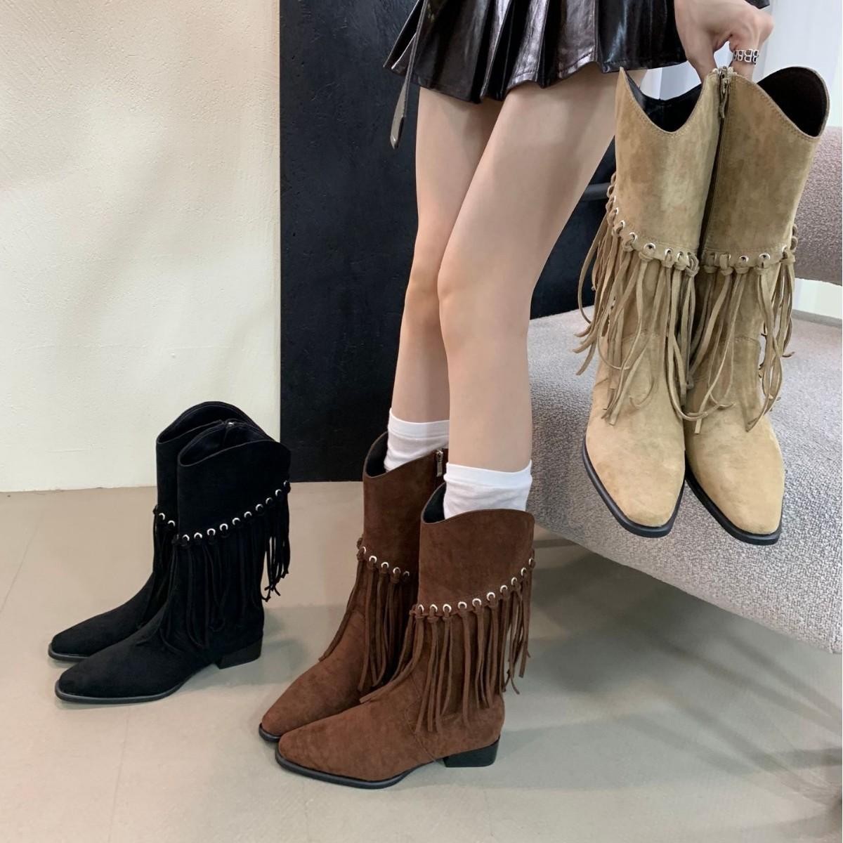 

2025 autumn European and American pointed high tube thin fringed boots but knee knight boots western babes women s riding boots 39 хакі