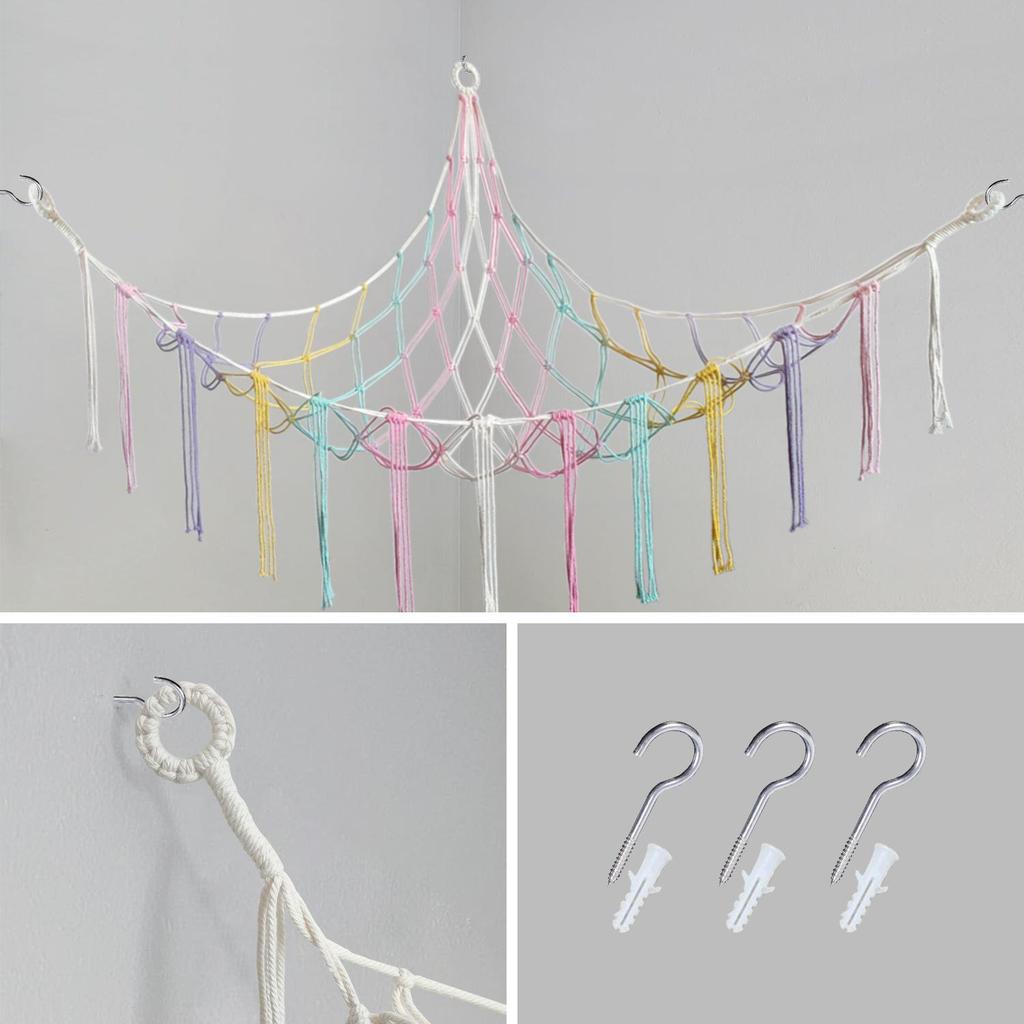 Corner Hanging Woven Cotton Rope Toy Storage Net with Tassels