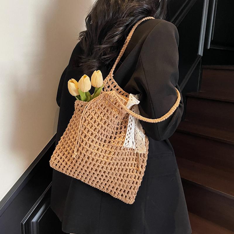 Natural Crochet Shoulder Bag for Women - Large Capacity Handwoven Beach Bag with Scarf, Summer Fashion Shopper Tote