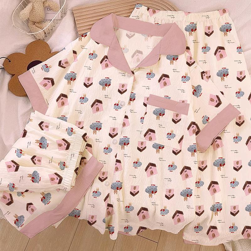 Homewear Cloud Cotton Frühling und Sommer Pyjama Damen Kurzarm Hose Cartoon Welpe Mädchen Dreiteiler