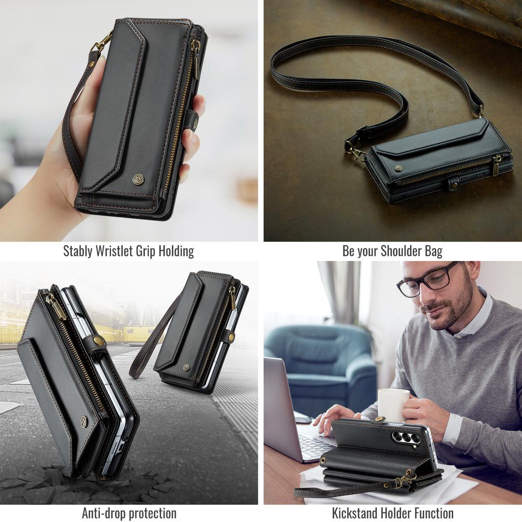 Crossbody Zipper Wallet Case For Samsung Z Fold7/Z Fold5 - PU Leather Card Holder Flip Cover
