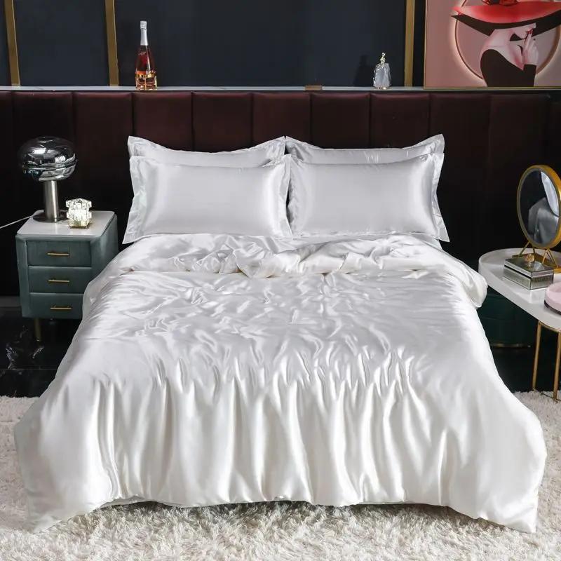 Nordic Satin Silk Bedding Set with Duvet Cover Bed Sheet Pillowcases Luxury Solid Single Double Couple Pillow Case Bedsheet