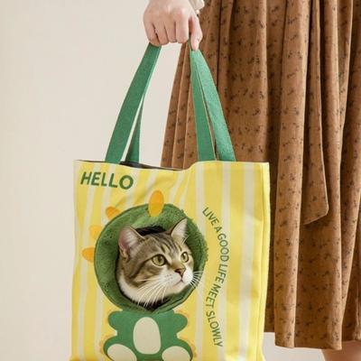 Pet Handbag Breathable Cat Carrier Bag Cartoon Canvas Cat Shoulder Bag with Hole Portable Pet Sling Bag Daily Use