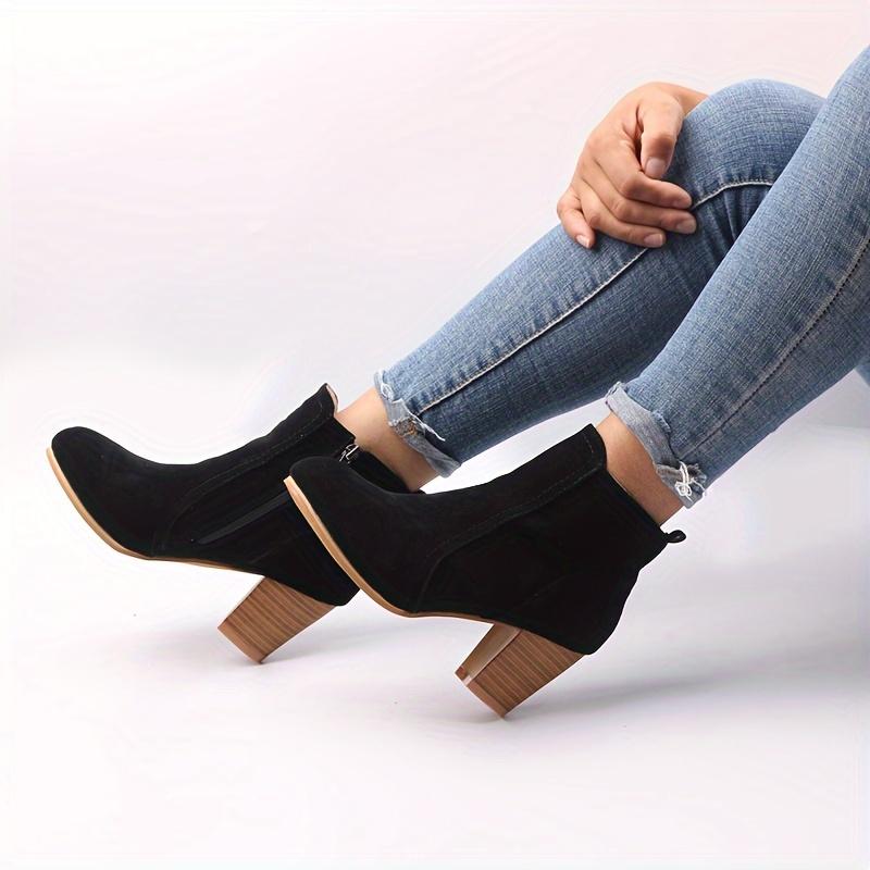 Women's Round Toe Side Zipper High Block Heel Ankle Boots - Beige Cover-Like Fabric Upper, Dressy Ankle Boots | Stylish Ankle Boots
